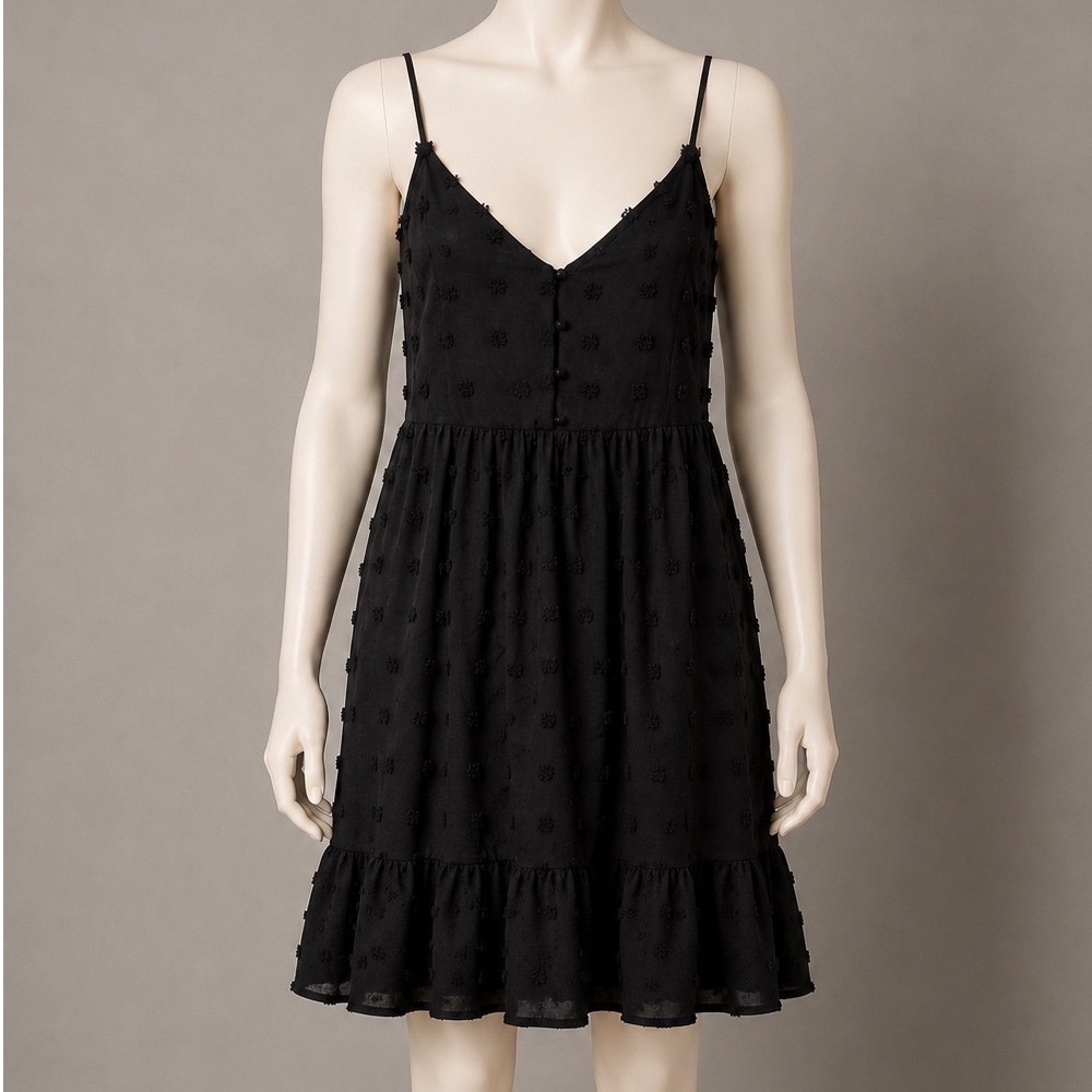 Yesfashion Black Swiss Dot Babydoll Midi Dress‎ Ruffle Hem Spaghetti Strap NWT